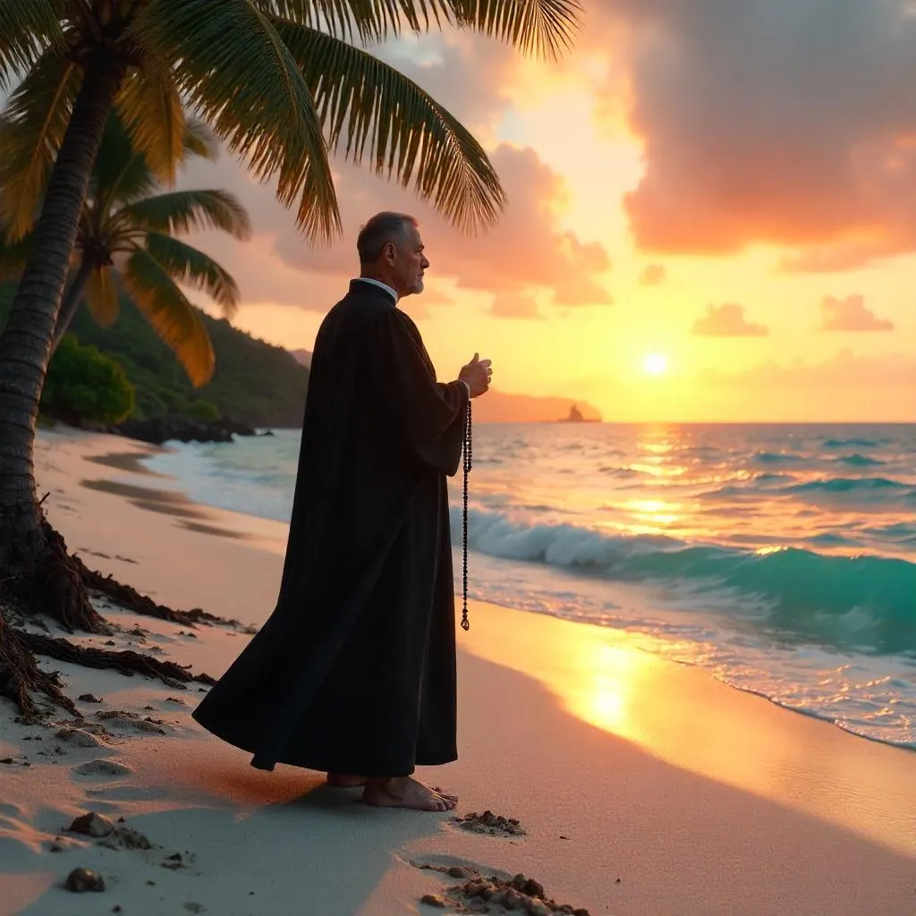 Photorealistic priest on a tropical island at sunset