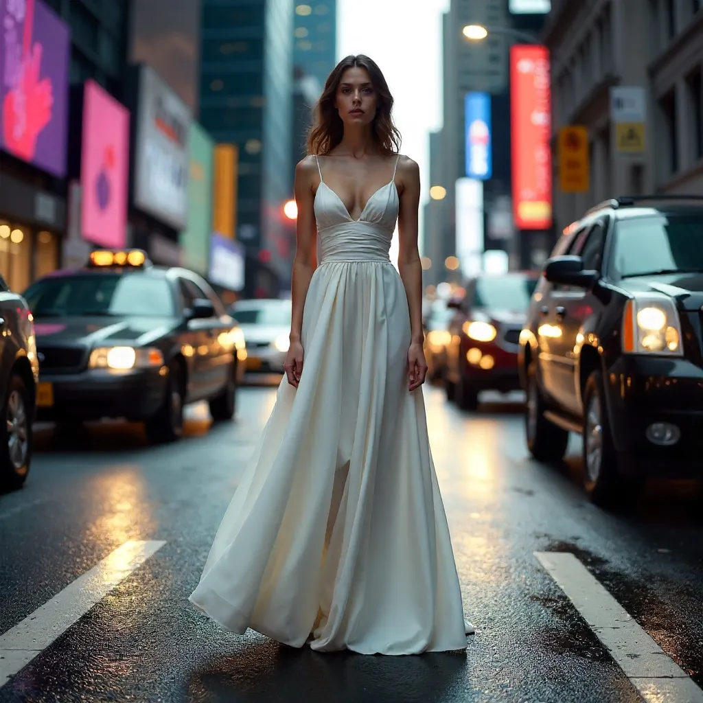 White-dress model amid busy city traffic