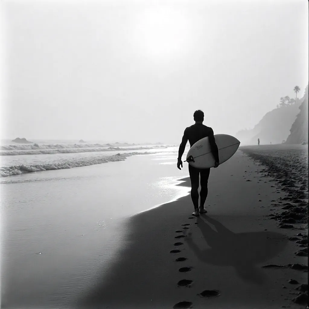 Foggy Shore Silhouette: Footprints of a Surfer