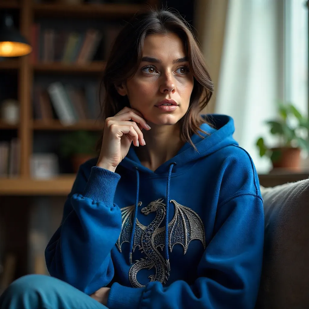 Thoughtful Woman in a Blue Dragon Hoodie Indoors