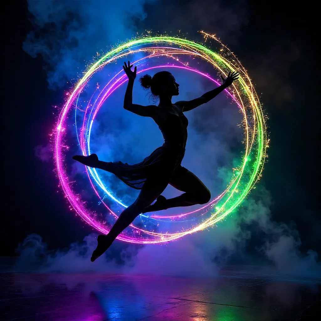 Silhouette Dancer and Neon Light Painting Backdrop