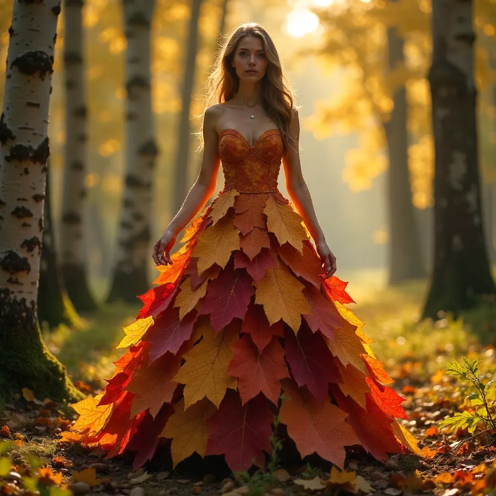 Autumn Leaf Couture in a Sunlit Forest