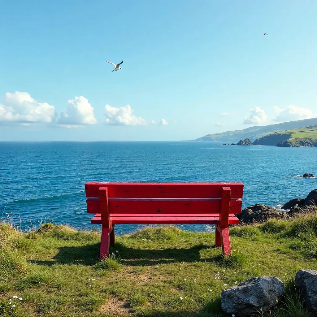 Red Bench Over Cromarty Sea Under a Clear Sky