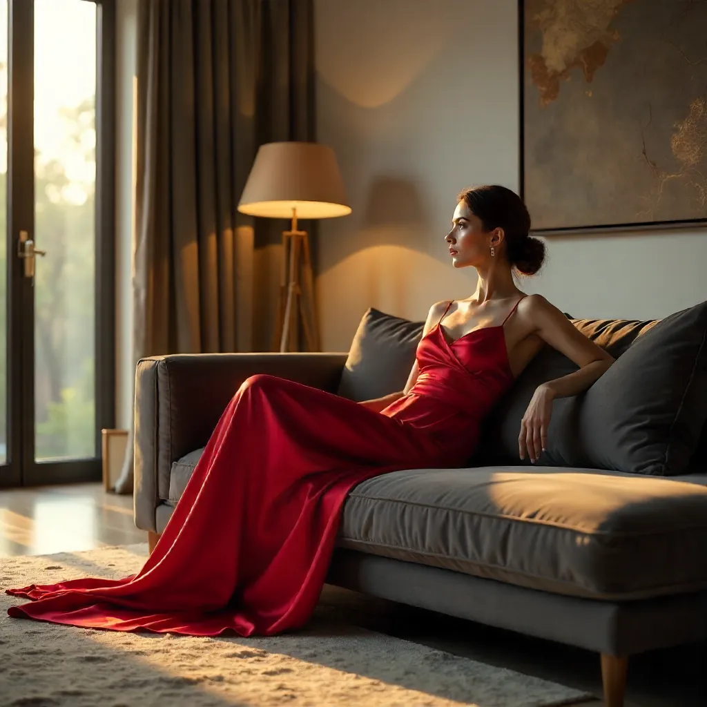 Elegant Red-Dress Reclines on a Modern Sofa