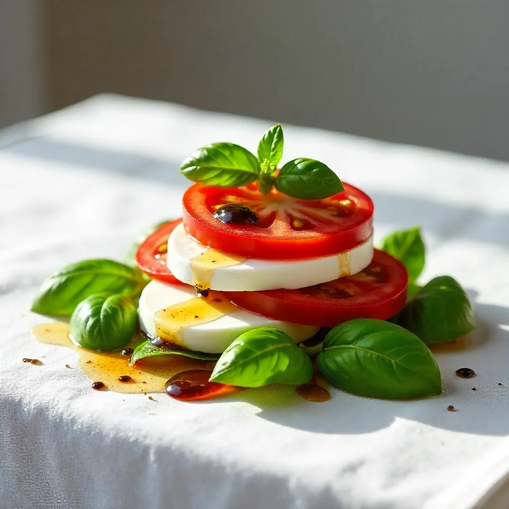 Caprese Salad on White Tablecloth: Fresh Mozzarella & Basil