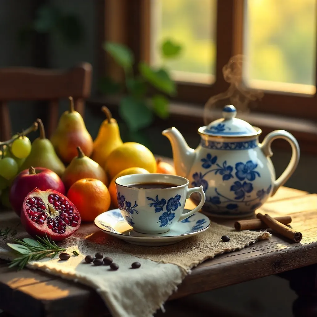 Rustic Coffee Still Life with Fruits and Patterned Teapot