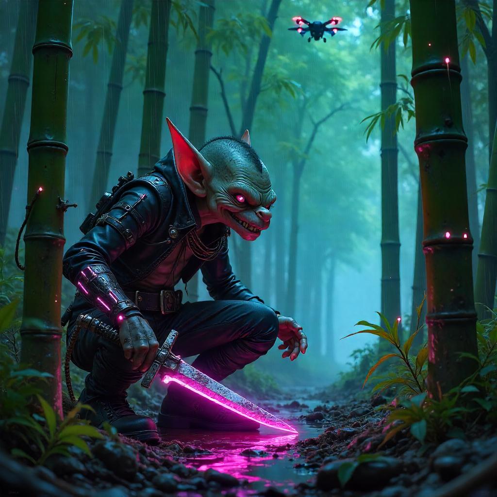 Cyberpunk Goblin in a Neon Bamboo Grove