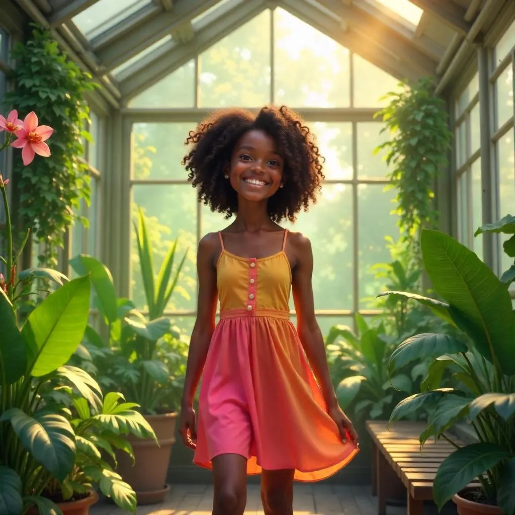 Cheerful Black Girl in a Sunlit Conservatory