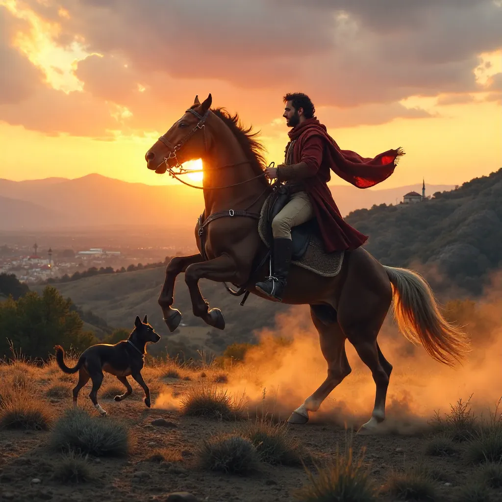 Sunset Charge in Türkiye: Rider on a Rearing Horse