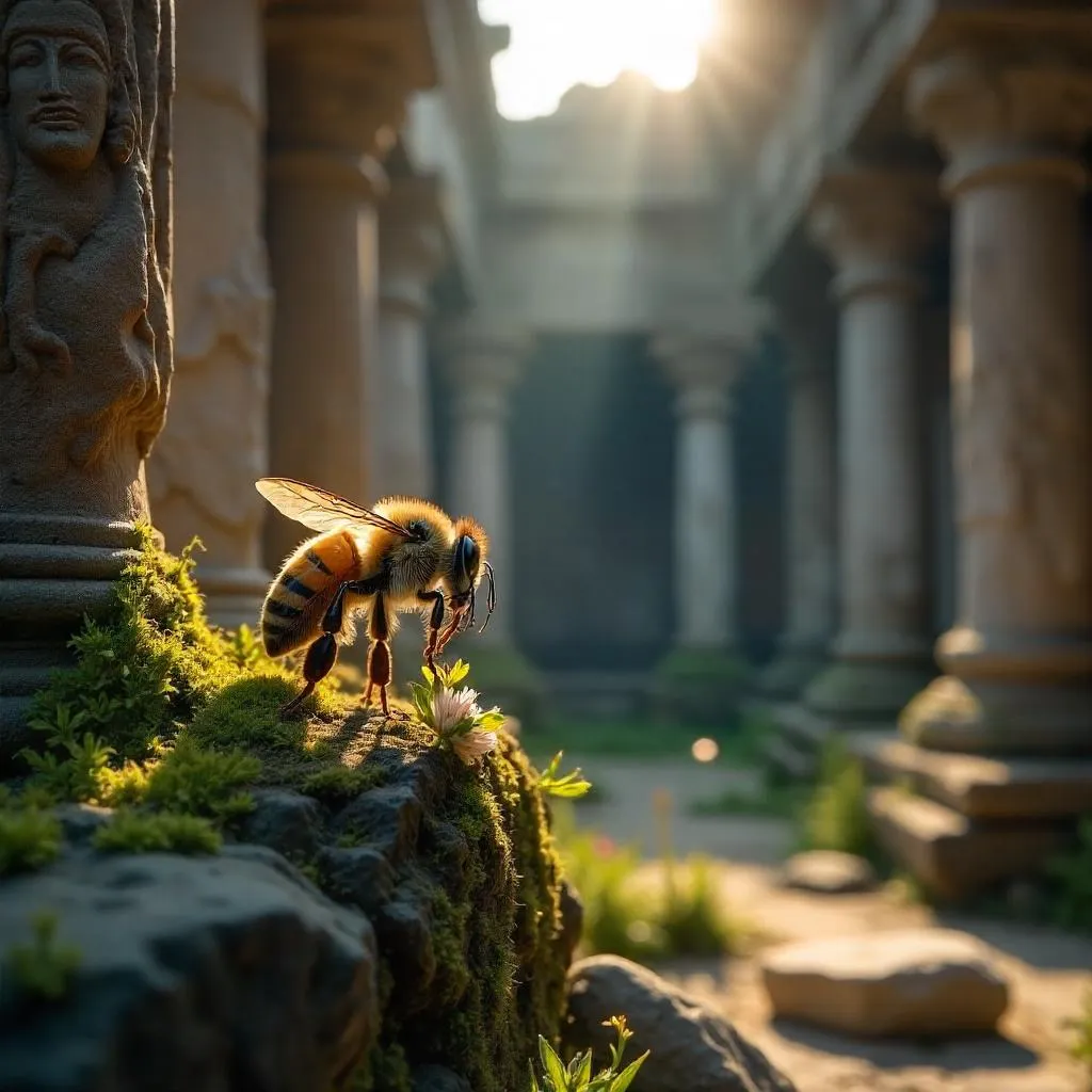 Photoreal Bee Amid Ancient Temple Ruins at Dusk