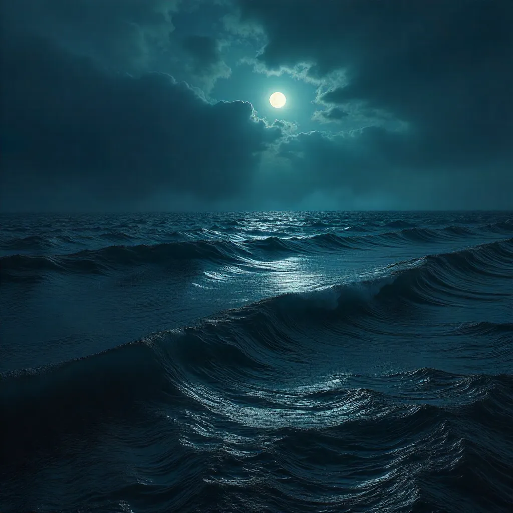 Moody Ocean Ripples: Darkness Beneath Night Sky