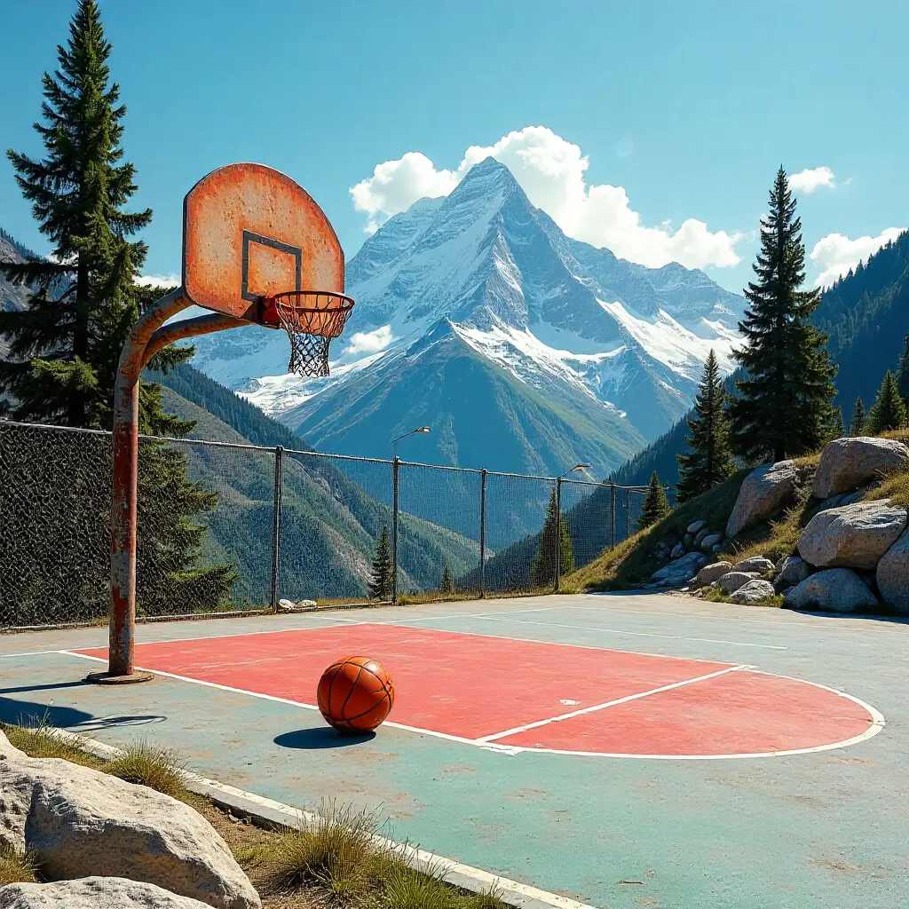 Sunlit Outdoor Court with Majestic Mountain Backdrop