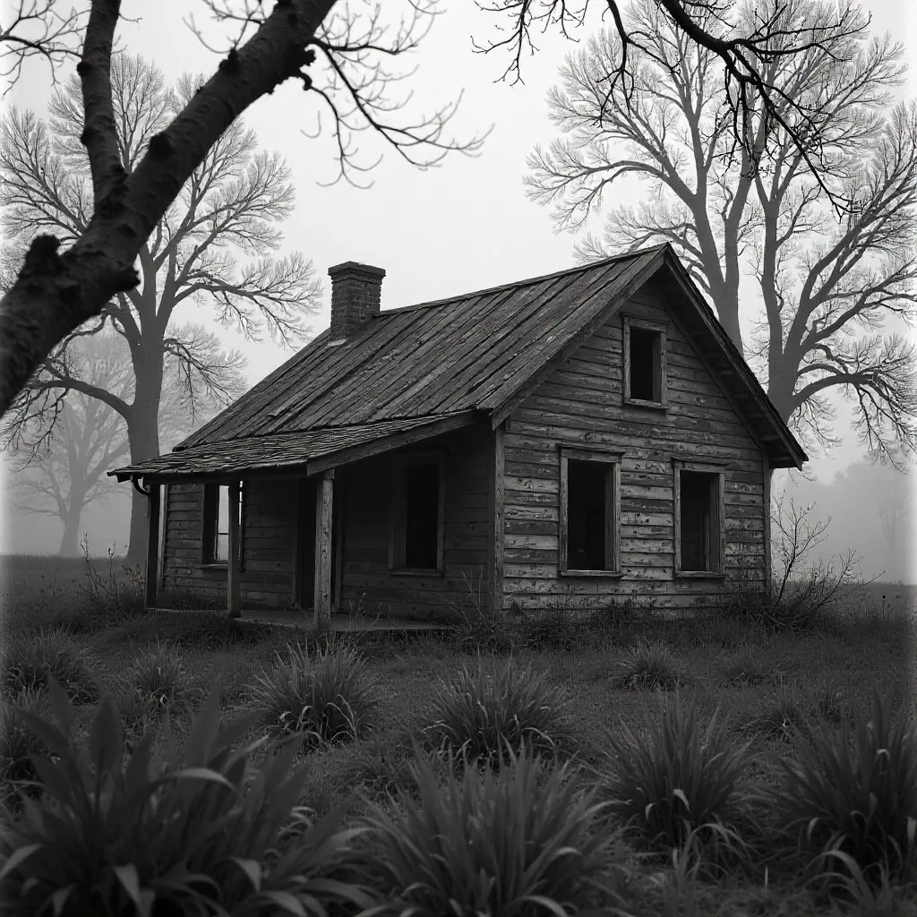 Abandoned Cottage in Wild Grass and Trees (Monochrome)