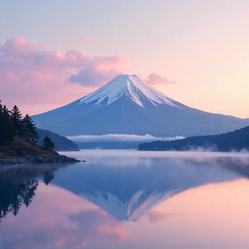 Pastel Fuji: Clouds, Water, and Tranquil Sky