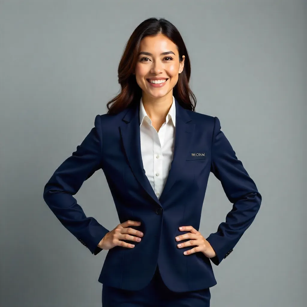 Confident Uniformed Woman Poses Against Gray Backdrop