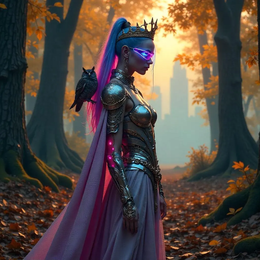 Autumn Neon Princess in a Cyberpunk Forest