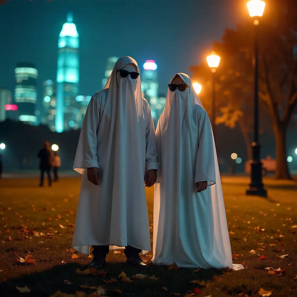 Anonymous Ghost Couple Under Neon Halloween Skyline