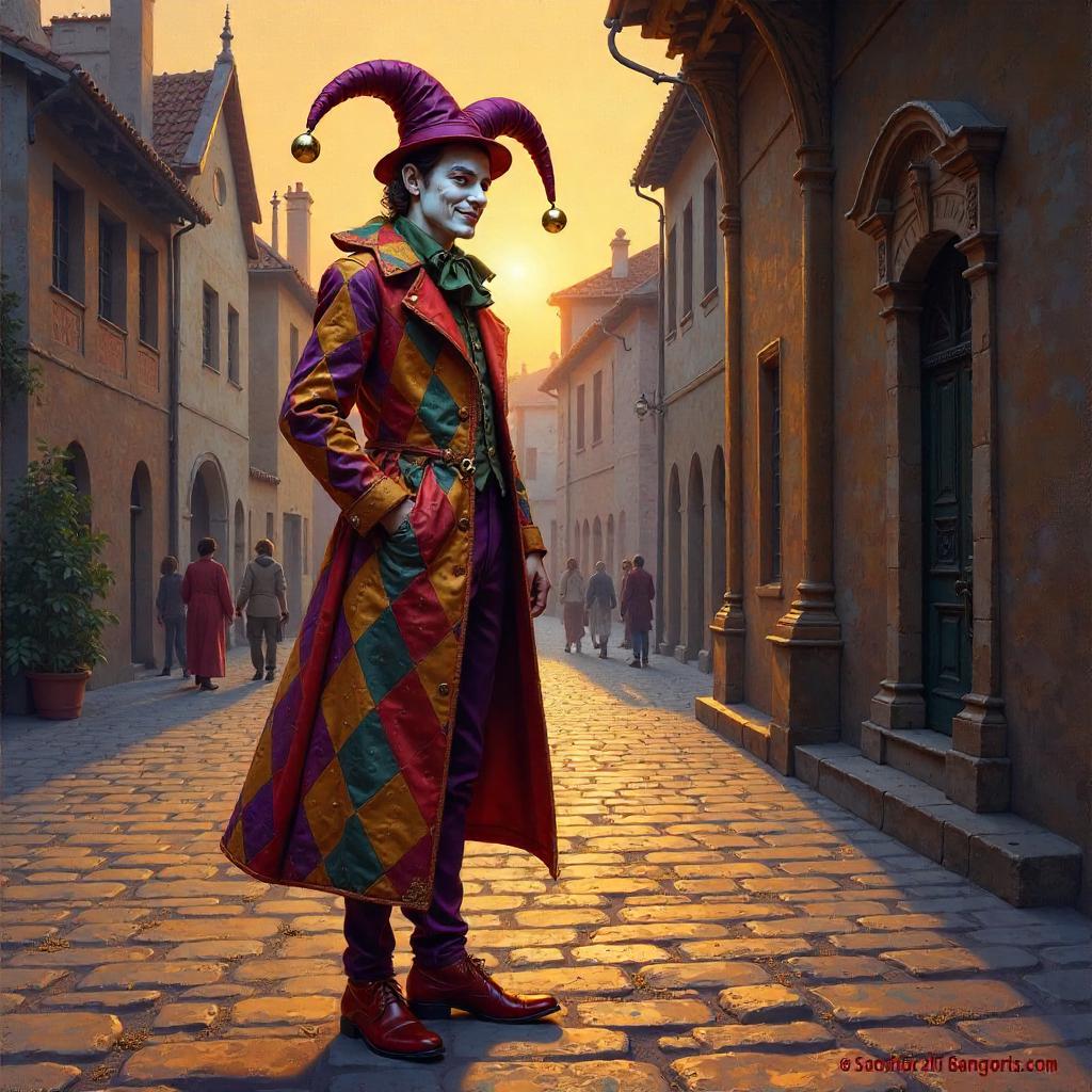 Sunset Jester: An Oil Painting in Golden Hour