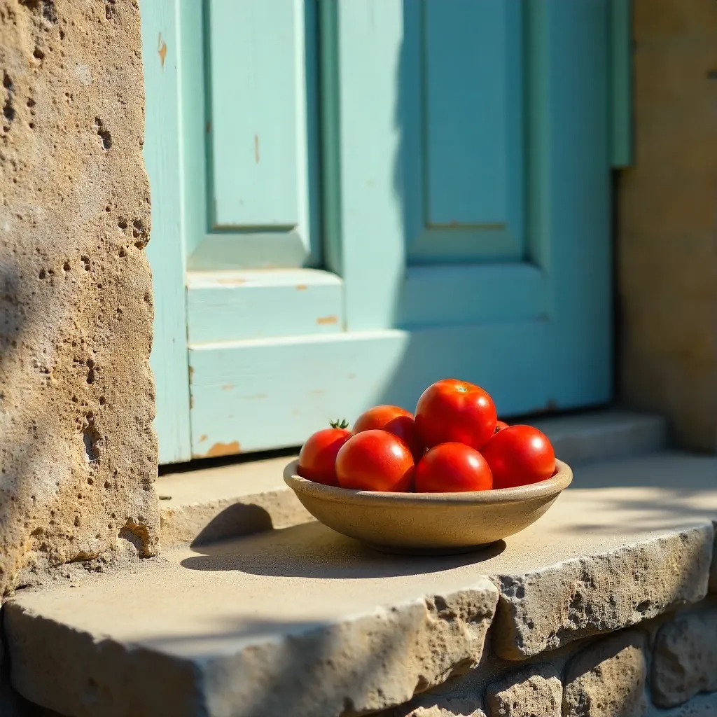 Red Tomatoes on Stone Step by Pale Blue Door
