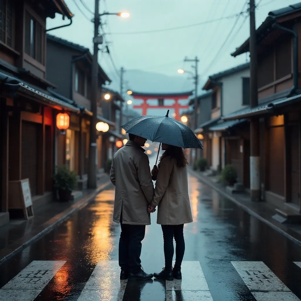Couple at Kyoto Crosswalk Under Umbrella