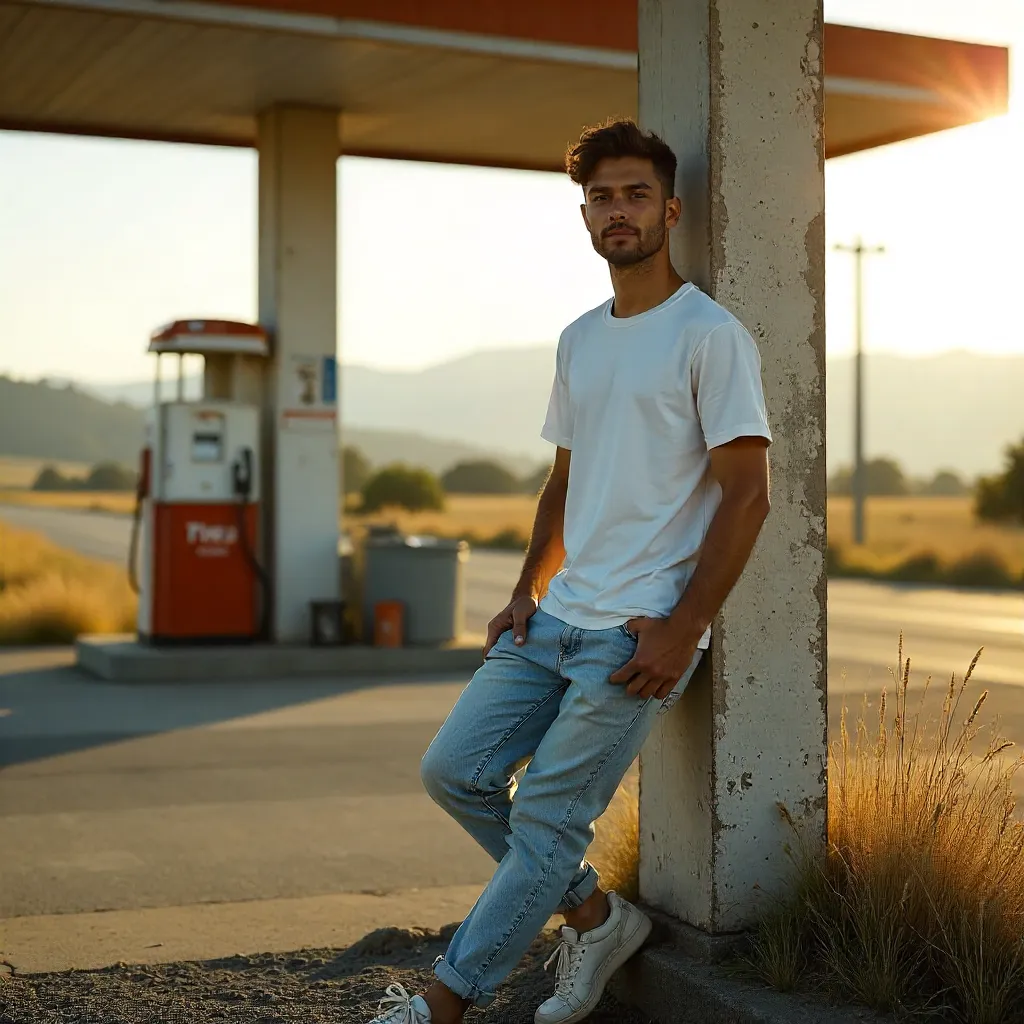 Young Man by Gas Station Pillar in Tranquil Light