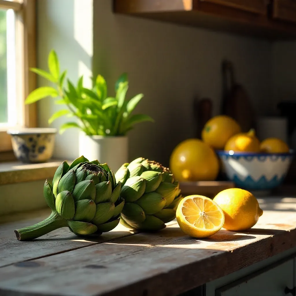 Sunny Rustic Kitchen Still Life with Artichokes and Lemons