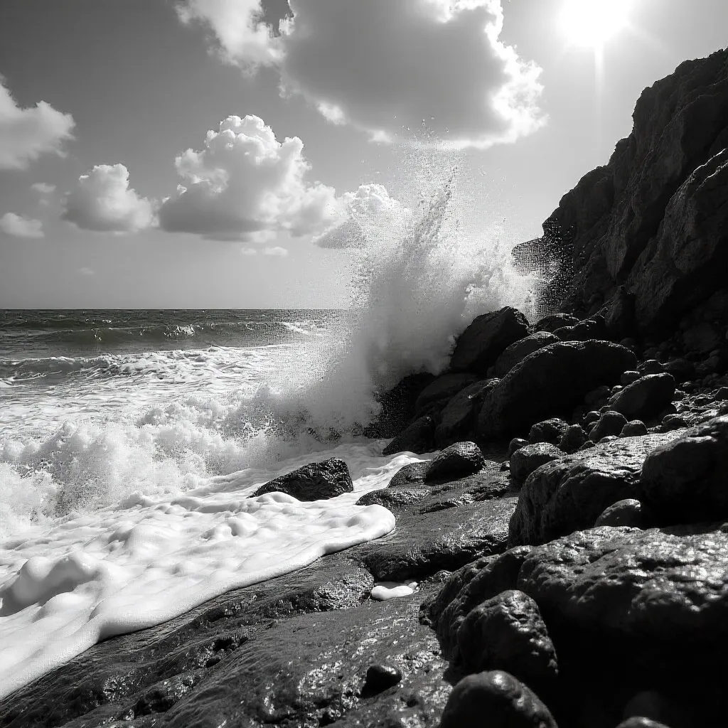 Monochrome Rabat Wave Crash on Rocky Coast