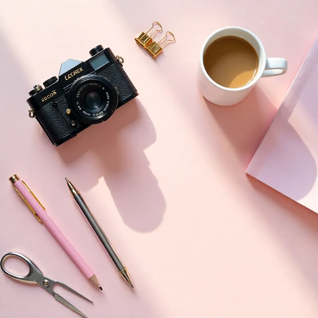 Pastel Pink Desk Flat Lay: Vintage Camera, Mug & Stationery