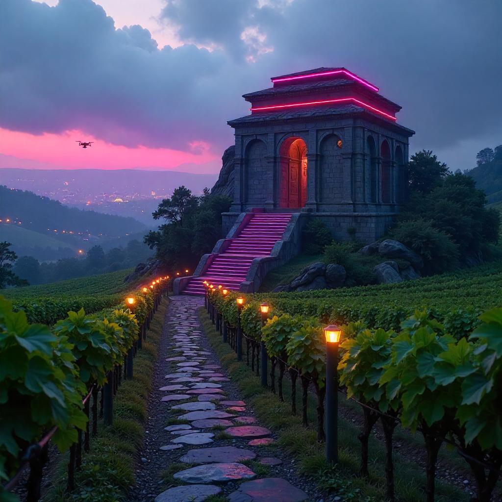 Neon Temple in a Cyberpunk Vineyard