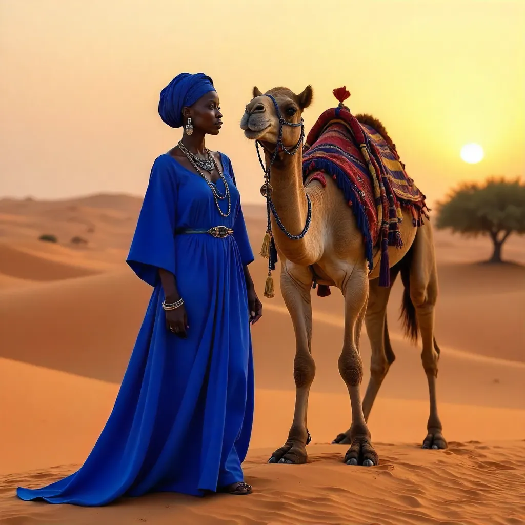 Blue Attire with Camel in Nigerian Sahel Desert