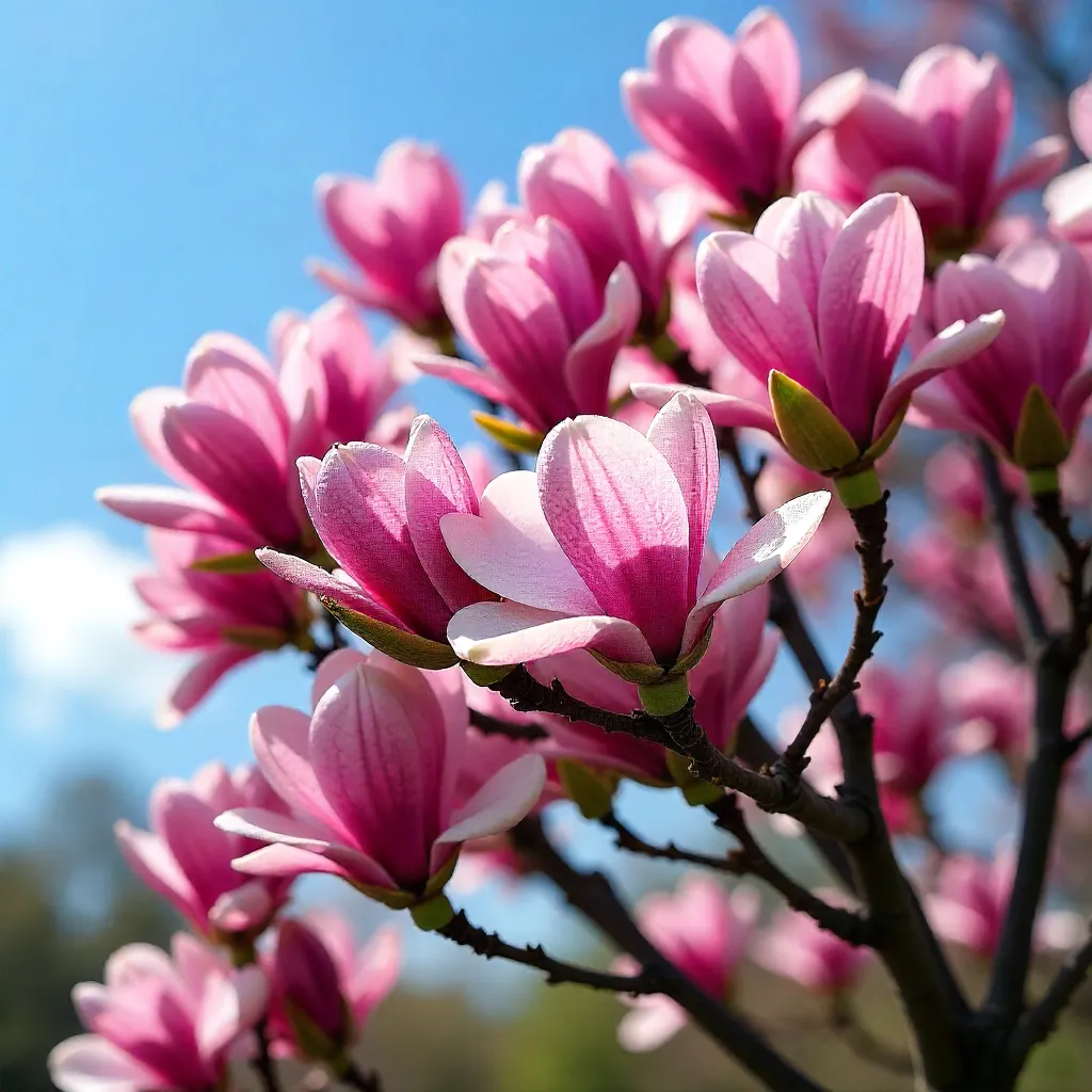 Vibrant Pink Magnolia Blooms Under Spring Sky