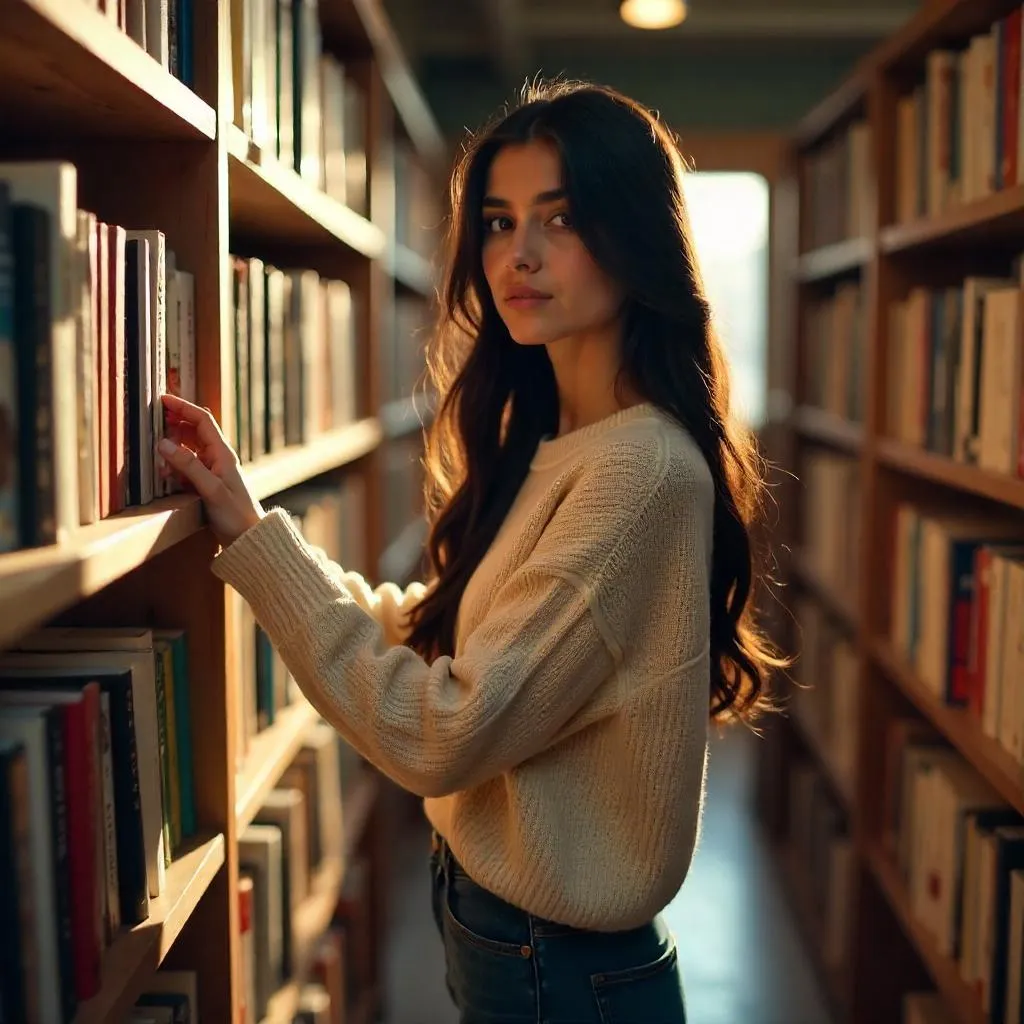 Photorealistic Middle Eastern Woman in a Cozy Bookstore