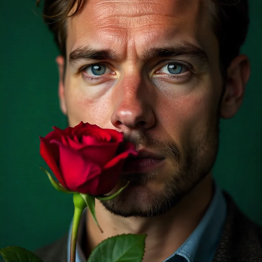 Man with Red Rose: Close-Up Portrait on Green Backdrop