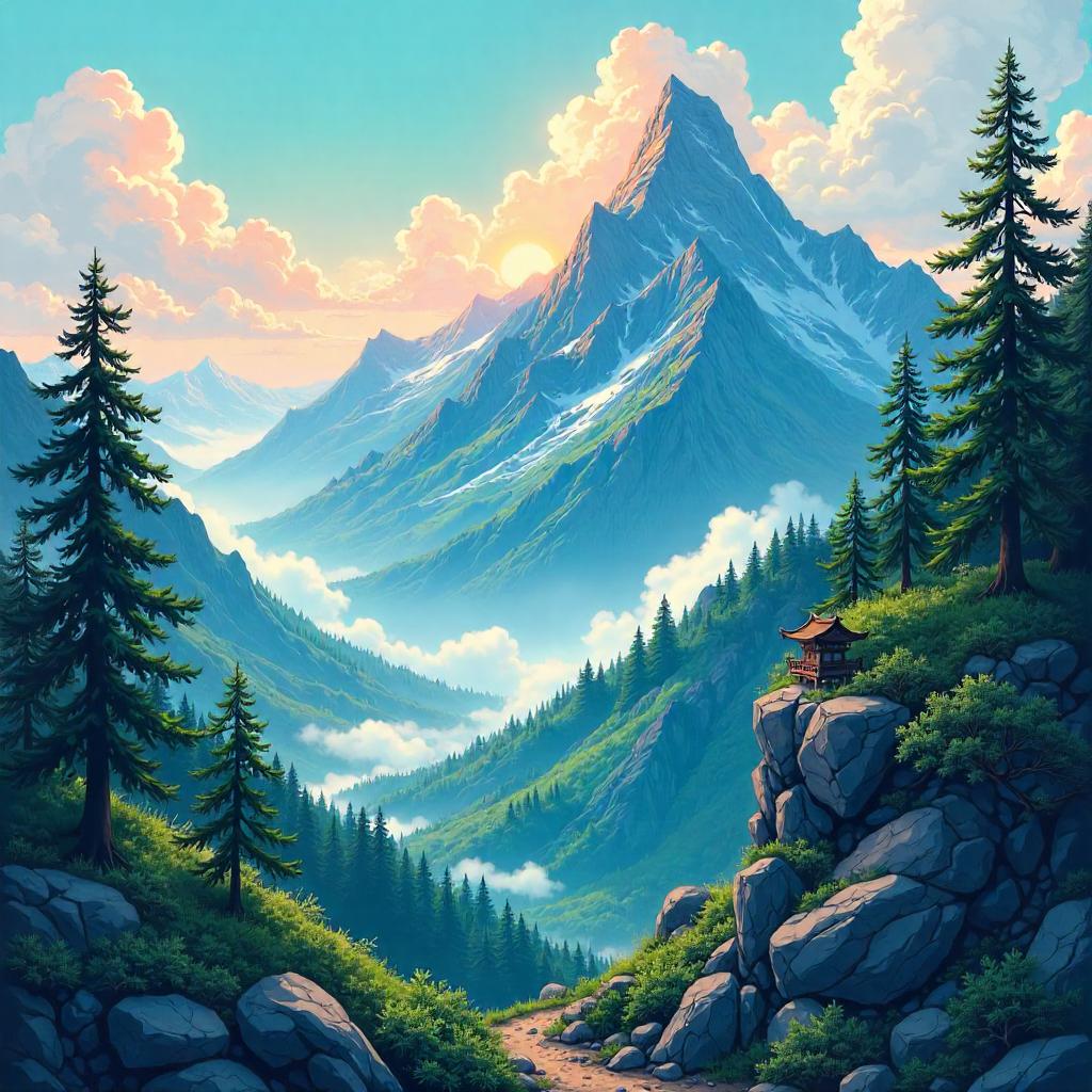 Anime Peak Forest: Sunset on the Ridge