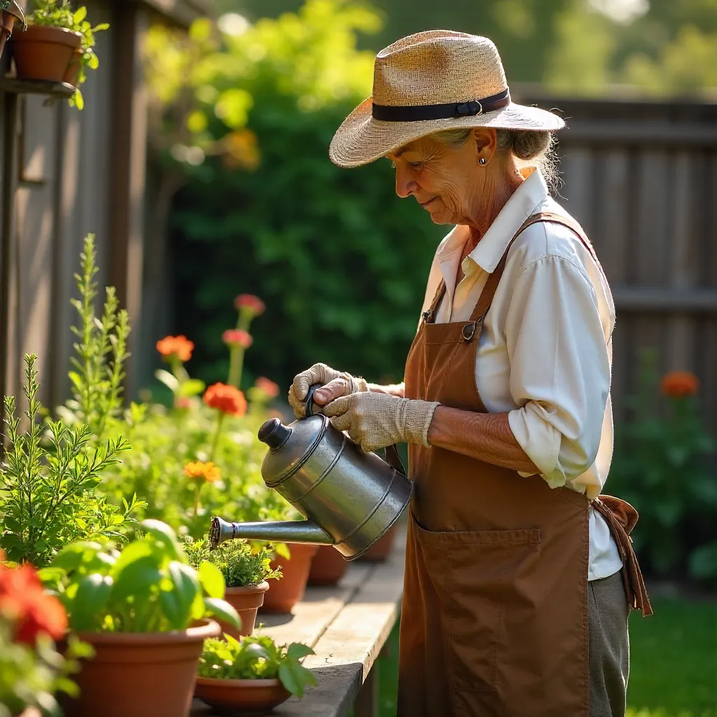 Golden Hour Garden: Elderly Woman Watering Plants