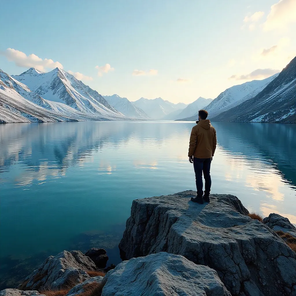 Lone Figure on a Rocky Ledge Over Snowy Hills