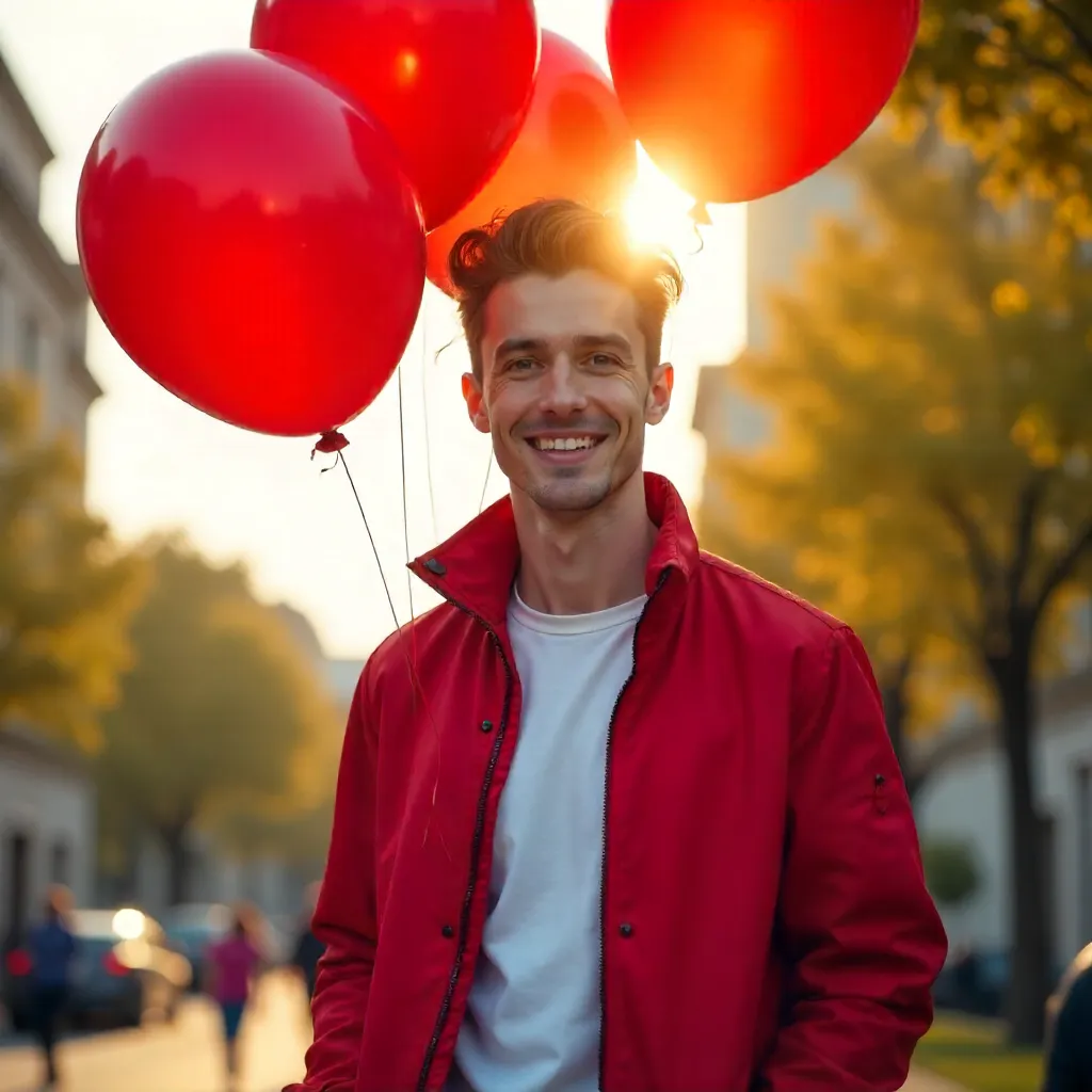 Young Man in Red Jacket with Bright Balloons Outdoors