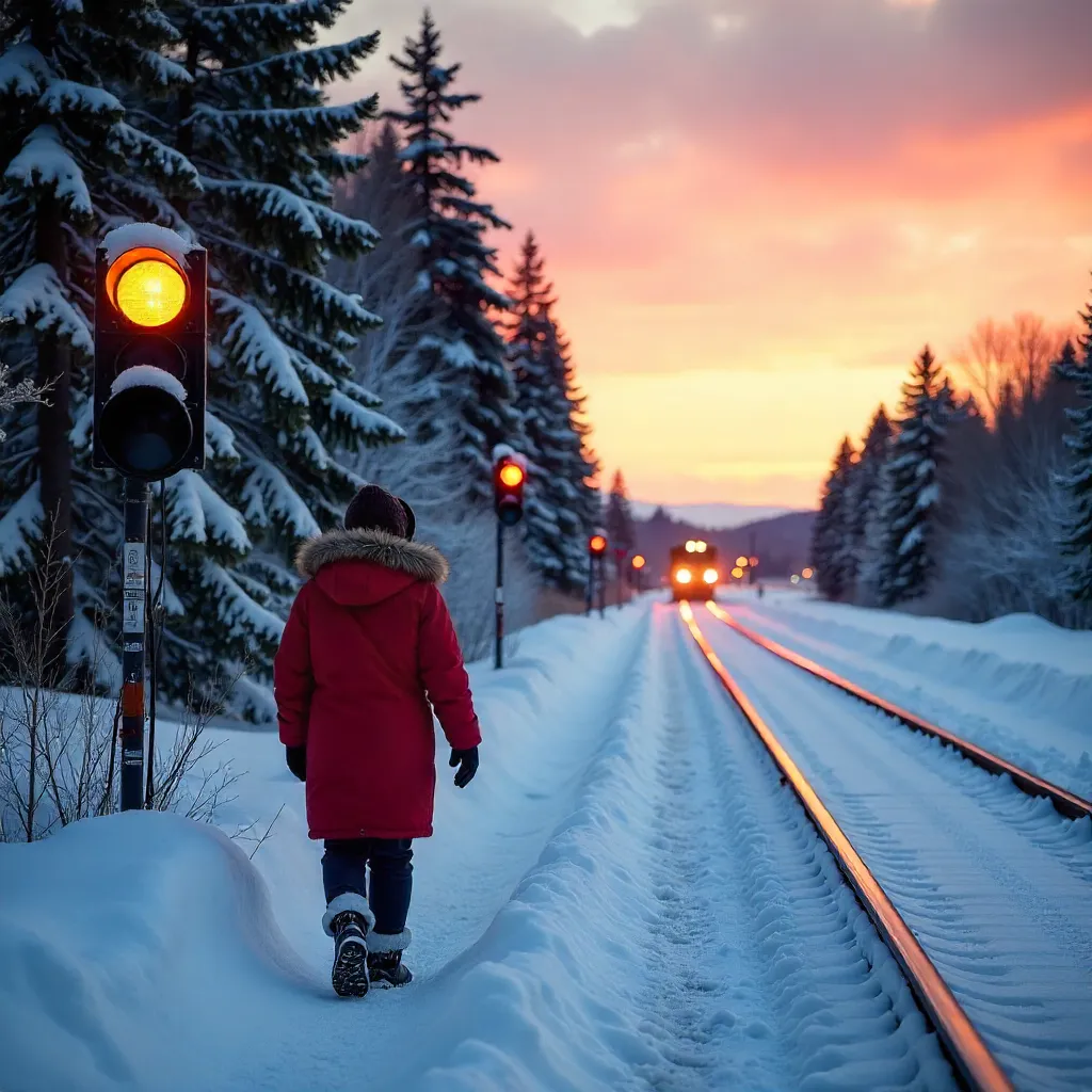 Winter Sunset at a Canadian Snowy Train Crossing