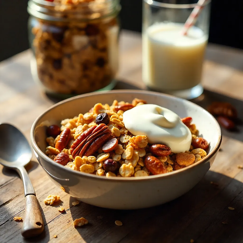 Golden Homemade Granola with Pecans for Breakfast