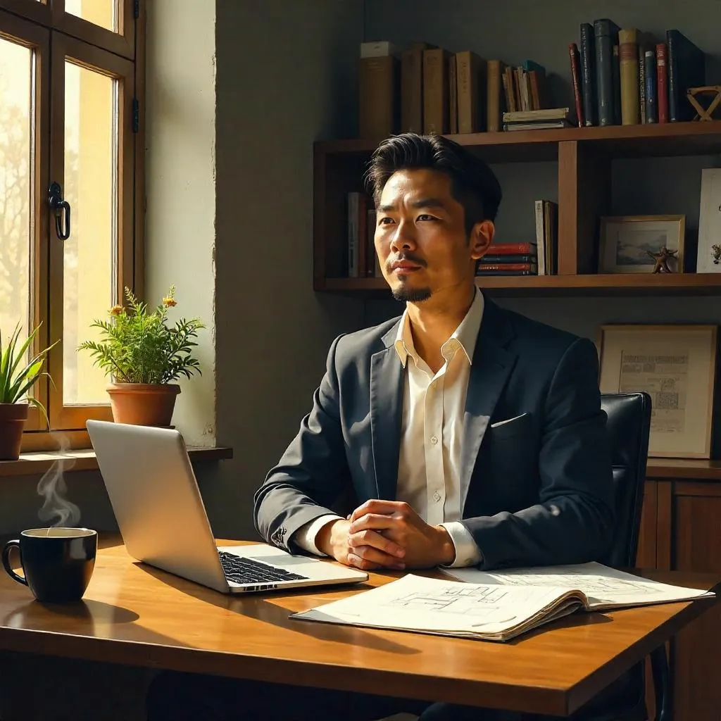 Confident Asian Man in an Oil Portrait at a Workspace