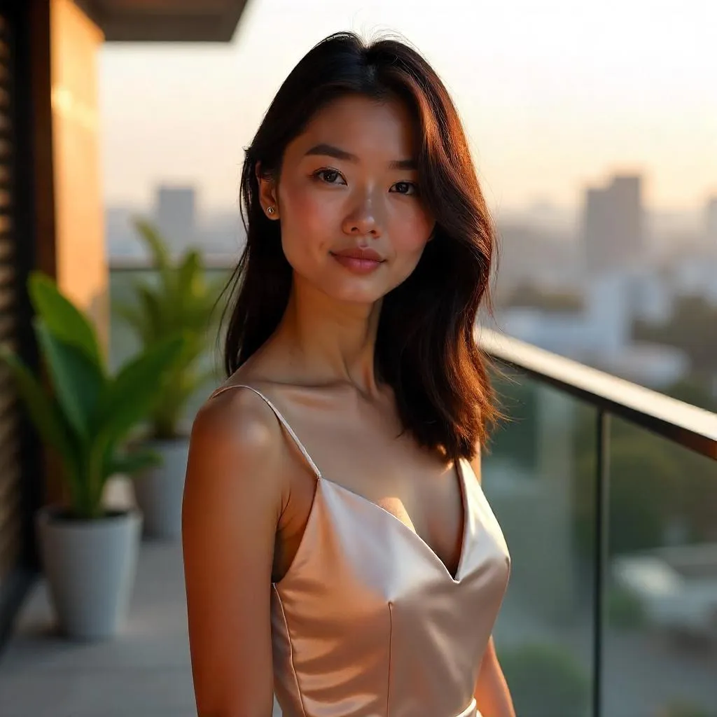 Golden hour terrace portrait of an Asian woman
