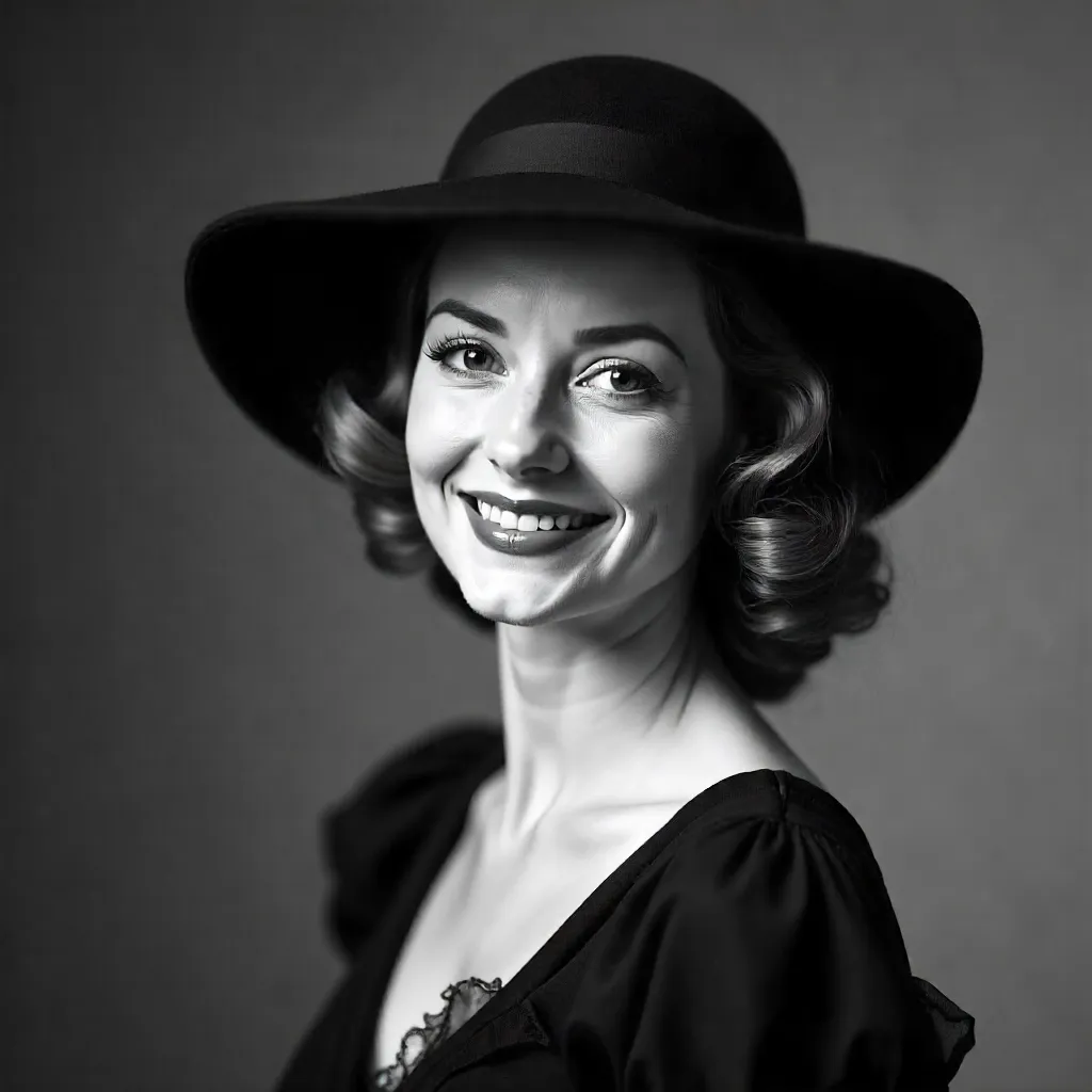 Smiling Woman in Hat: Classic Black-and-White Portrait