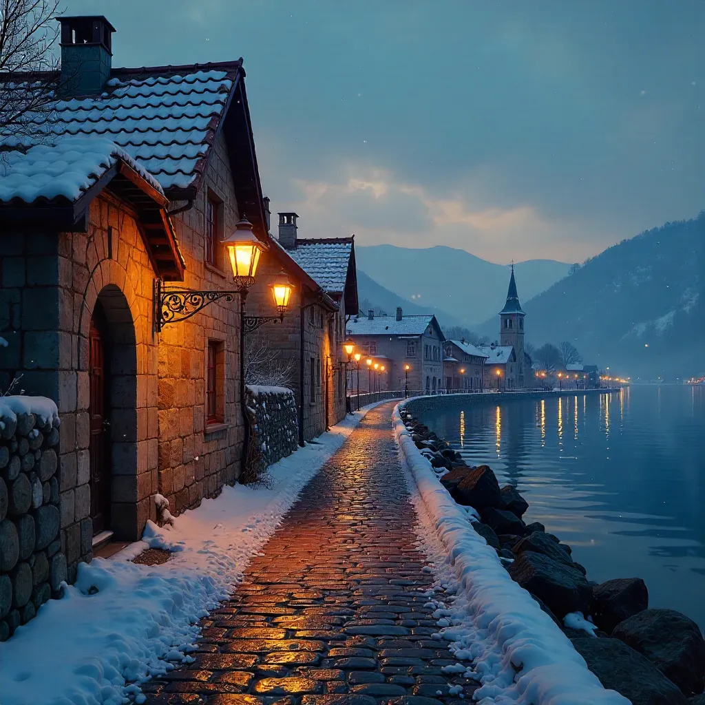 Winter Quiet in Ohrid: Lamps in Snow