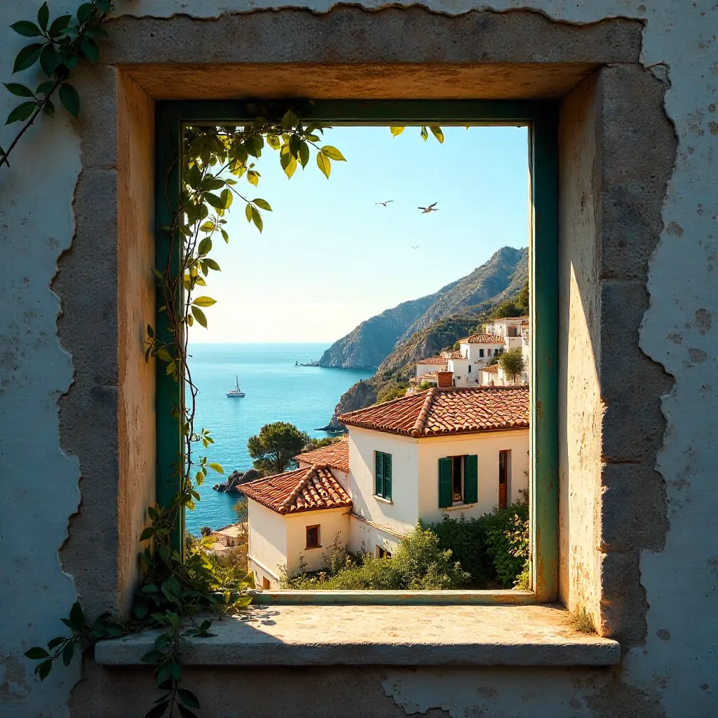 Mediterranean Coastal View from a Rustic Window