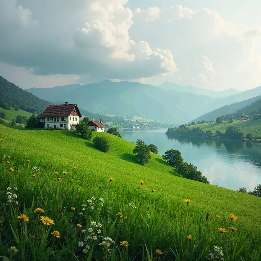 Bulgarian Fields Under a Cloudy Sky by Calm Lake