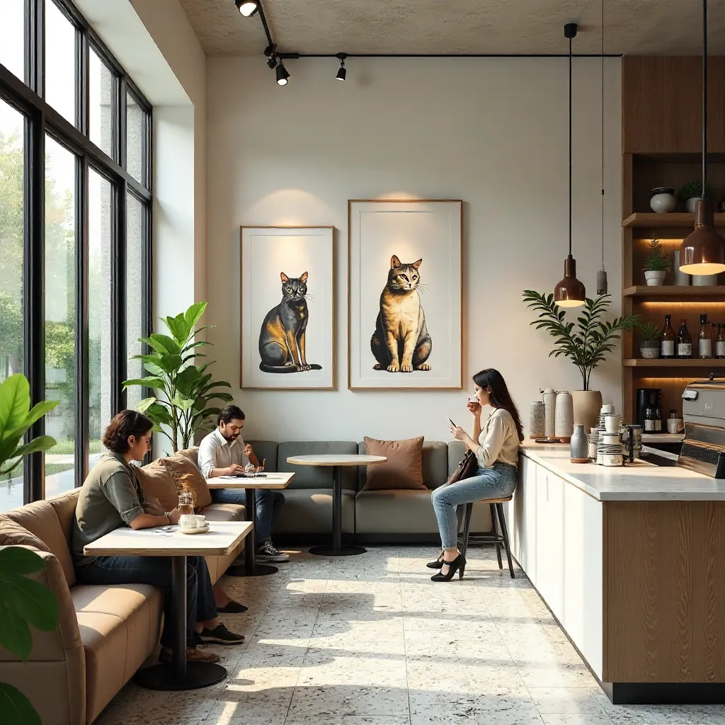 Modern Cafe with Elegant Cat Artwork
