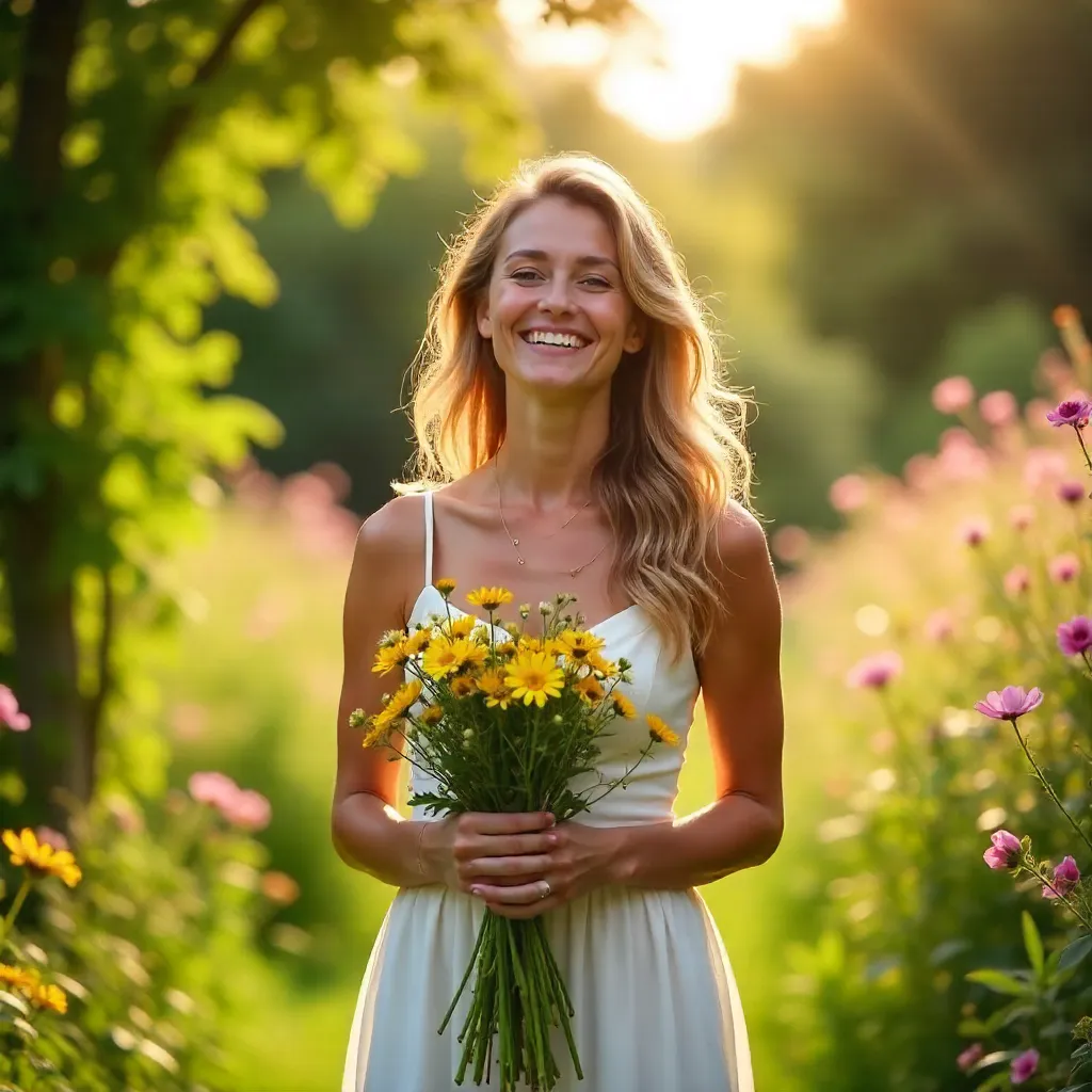 Smiling Woman in White Dress Amid Wildflowers in a Lush Garden