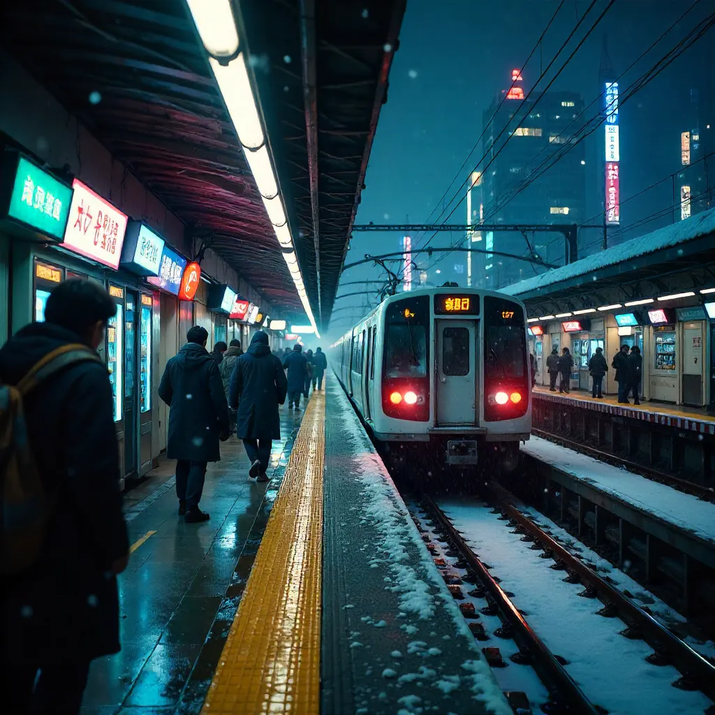 Snow at Shinjuku Station Platform, Tokyo