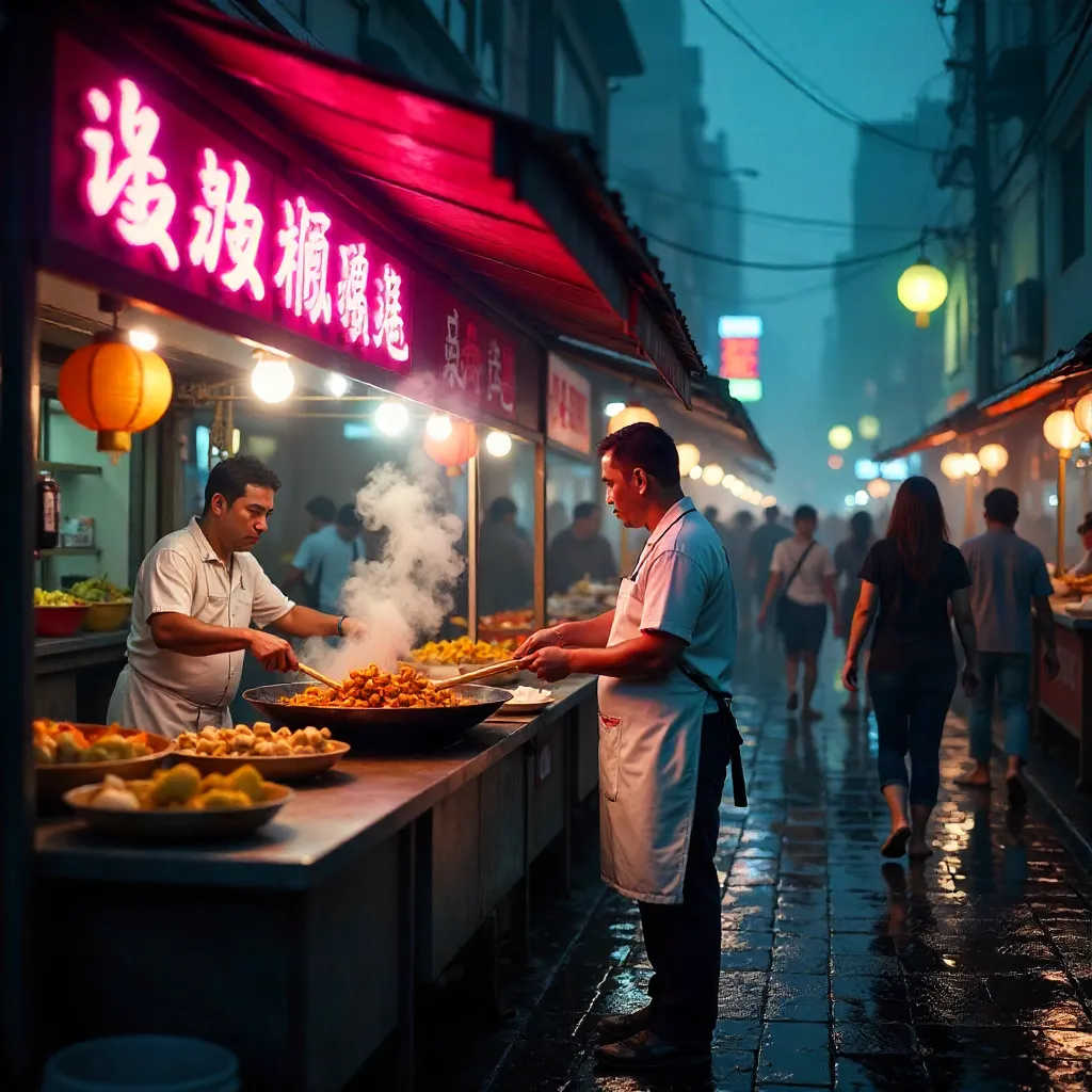 Neon Night Market: A Lively Street Food Stall