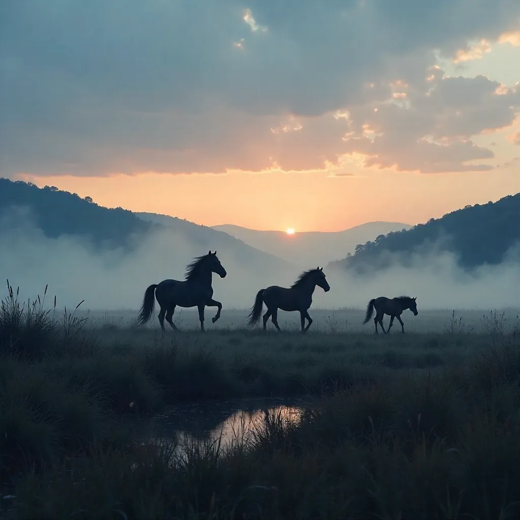 Mist-Kissed Horse Silhouettes at Dusk